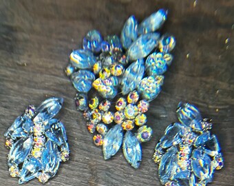 Weiss Vintage Blue Rhinestones with Aurora Borealis Rhinestones Flower Leaf Design Stones Brooch and Clip On Earrings Set