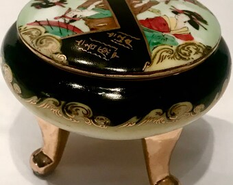 Antique Porcelain Japanese Dresser Jar Marked Waka Mizu Hand Painted Gold Gilded Trim on Three Legs