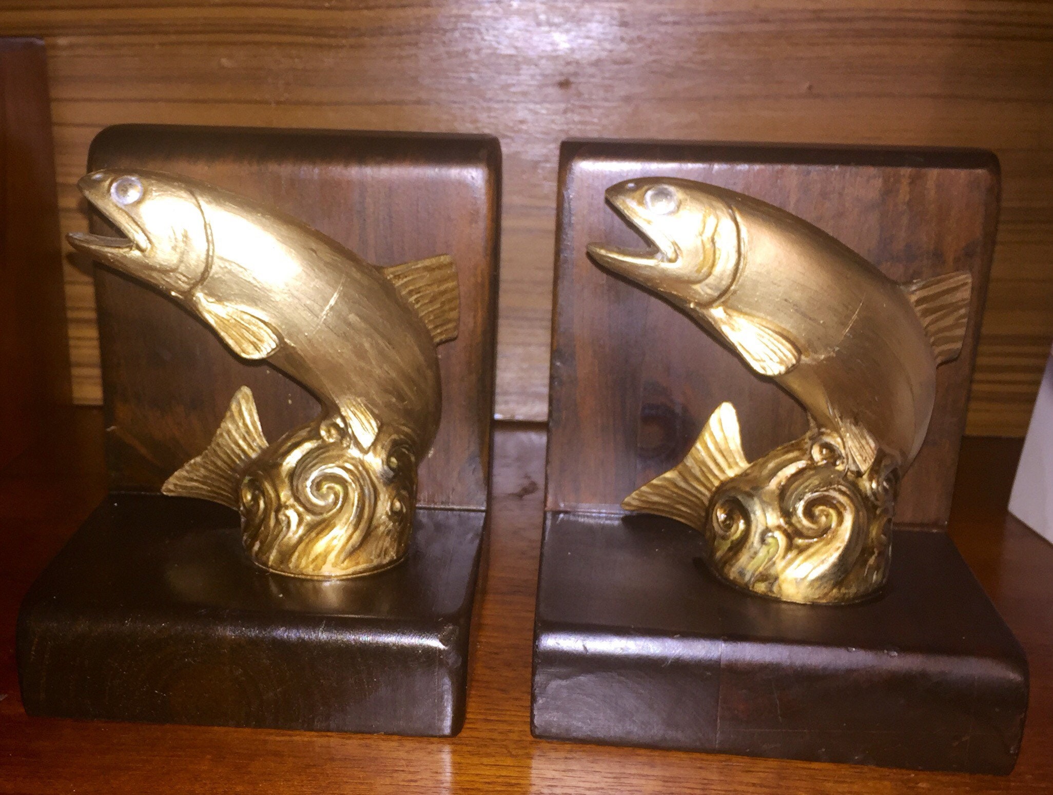 Bookends Golden Bass Fish Mid Century Modern Dark Walnut in A Masculine  Outdoor Style Fishermen 