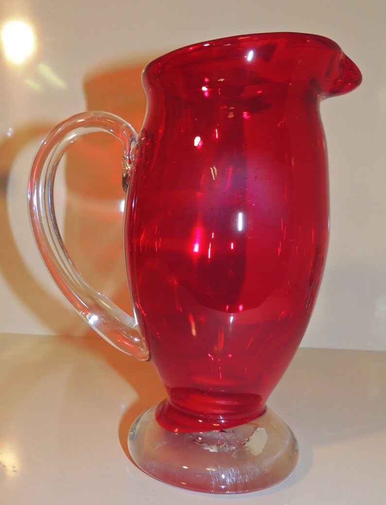 Ruby Red Blown Glass Pitcher With Applied Clear Handle Pitcher Etsy