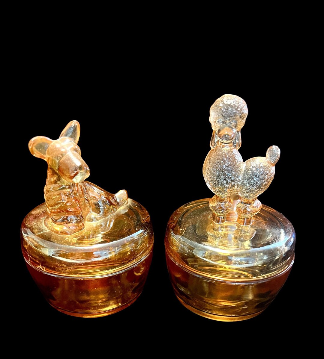 Two Marigold Carnival Glass Dog Covered Iridescent Dishes One Etsy