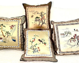 Rare Silk Chinese Pillows Exquisitely Designed with Borders of Ribbon. Set of 5