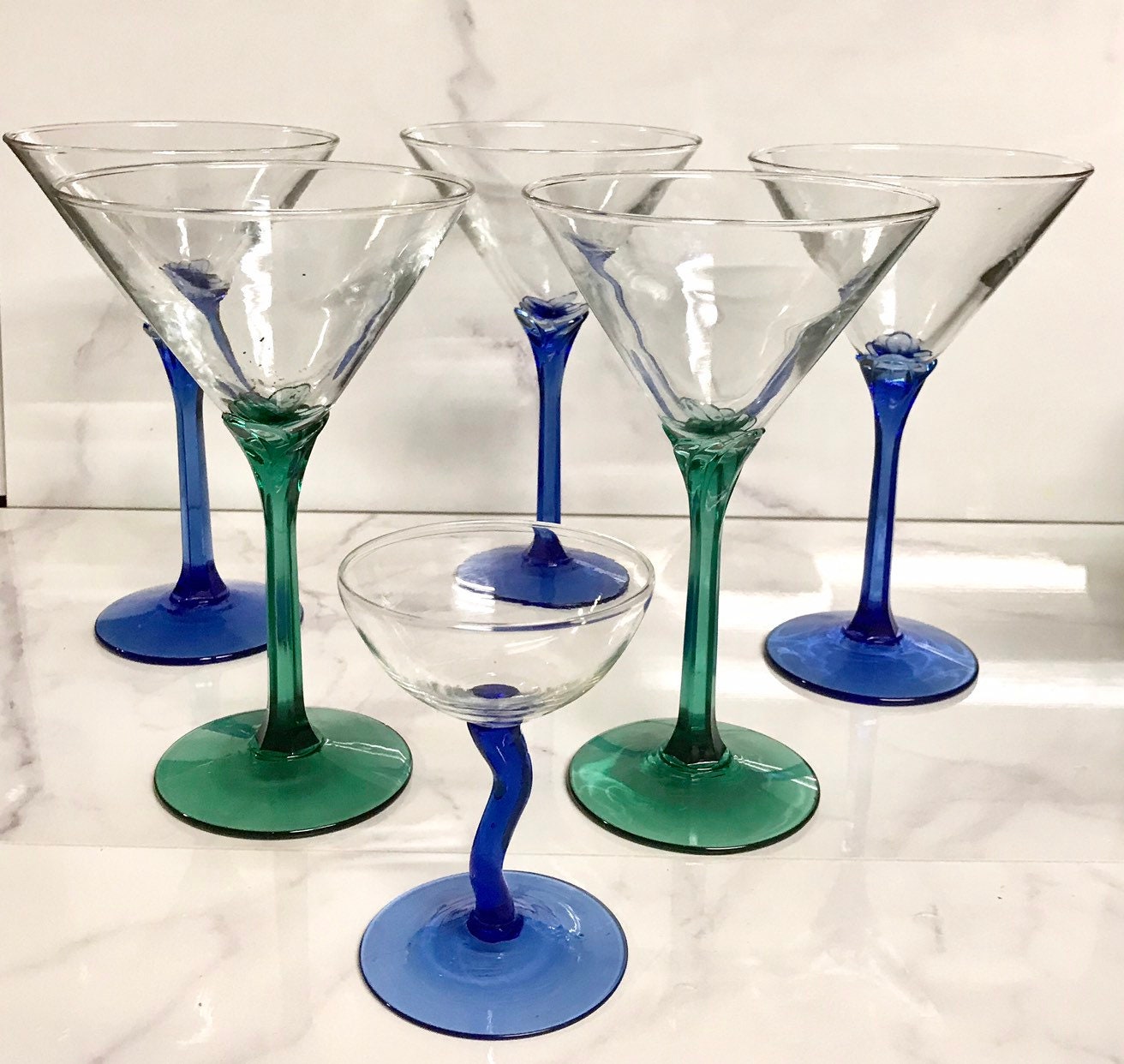 Stemless Cocktail Martini Cordial Glasses Heavy Base Blue Green Bottoms Set  of 6