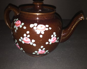 Vintage Stoneware Tea Pot Made in England Hand Painted Tea Pot