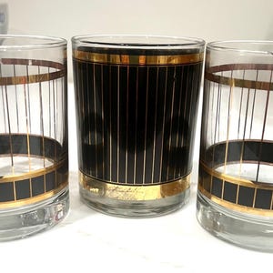Three Vintage Bar Glasses 2- Culver Devon Pattern Black and Gold Lowball Whiskey Glasses MCM 1 George Birard