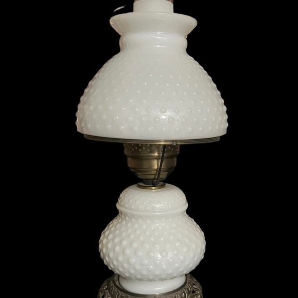 Vintage Hurricane Table Lamp marked Accurate Casting Co with Milk Glass, hobnail globes with 3 way lighting and Brass Center and Base