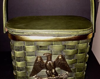 Vintage Handmade Wooden Basket With Patriotic Brass Eagle Front and wide brass band around top Great Patina purchased in Maine