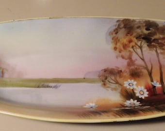 Vintage Nippon Morimura Hand Painted Celery Dish, Early 1900's in traditional Japan River Trees Flowers Sunset Scene