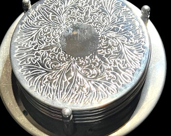 Etched Silver Plated Coasters - Set of 5 with Storage Holder