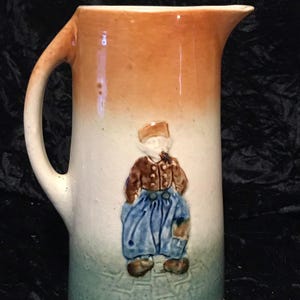 Glazed Stoneware Pitcher Antique Pottery Tankard Jug Featuring 3-D Raised Figures Design image 2