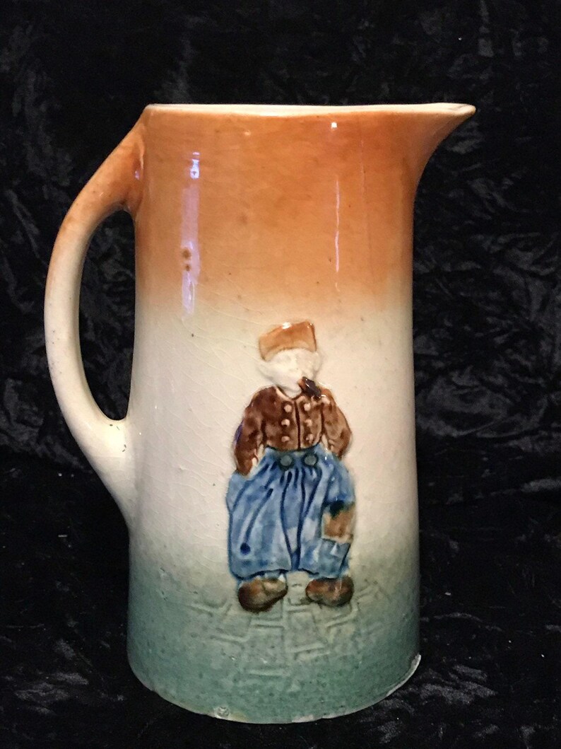 Glazed Stoneware Pitcher Antique Pottery Tankard Jug Featuring 3-D Raised Figures Design image 2