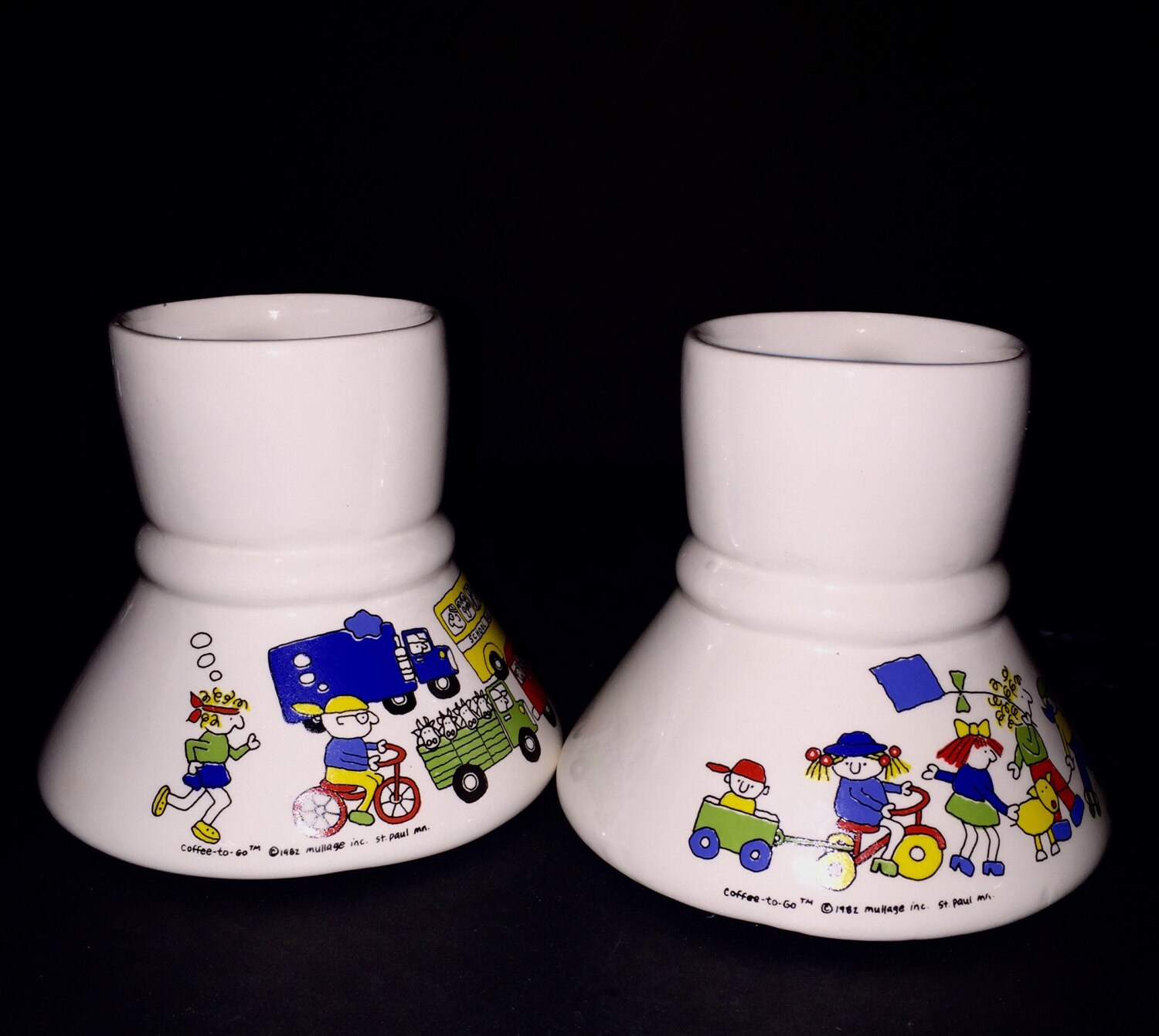 No Spill Non Slip Pottery Travel Coffee Mugs With School Teacher Children  Bus Design Wide Rubber Bottom Pair Rare to Find a Matching Pair 