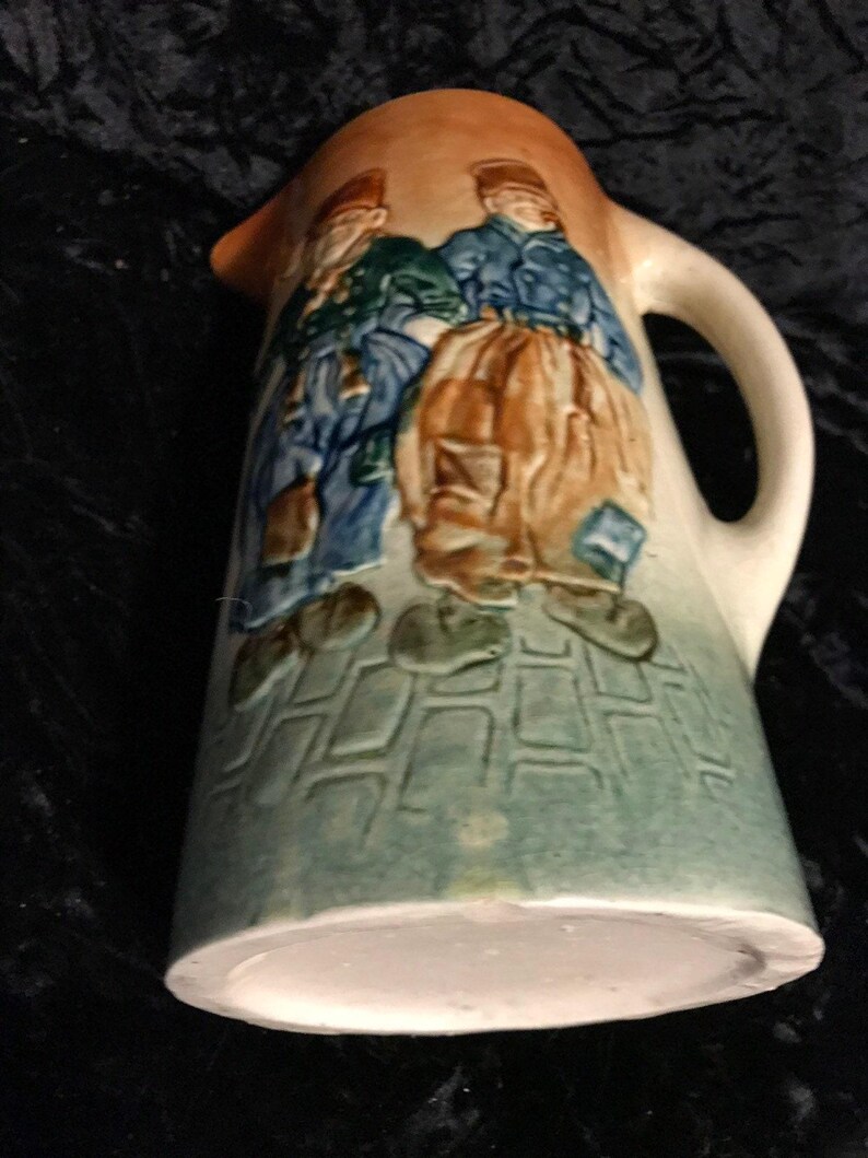 Glazed Stoneware Pitcher Antique Pottery Tankard Jug Featuring 3-D Raised Figures Design image 6