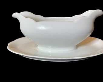 Antique Bone China Gravy Boat with UnderPlate attached.  Pure and Simple marked PMR over a Eagle Zacher & Co.#2 made in Bavaria