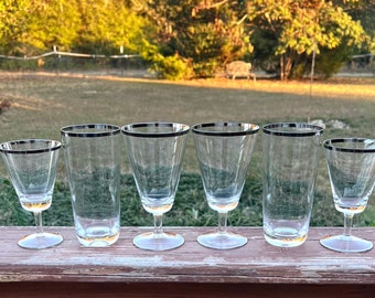 Vintage Rosenthal Platinum Band Crystal Glasses Set of Six -2 Water 2 Red Wine 2 Tumblers Discontinued 1960