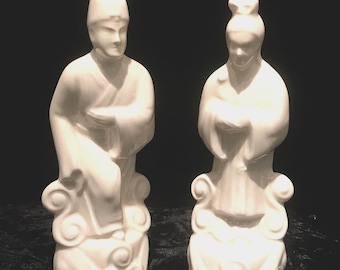 Mid Century Chinese Couple Statues White Glazed Porcelain