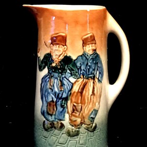 Glazed Stoneware Pitcher Antique Pottery Tankard Jug Featuring 3-D Raised Figures Design image 1