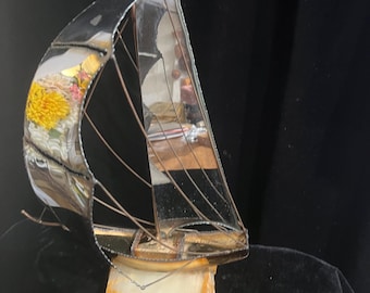 Vintage Brass Sail Boat Mounted On Alabaster Slab. Vintage Signed John DeMott Brass Metal Sailboat Sculpture Brass Art