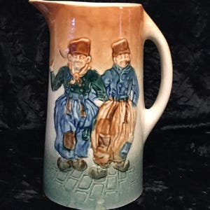 Glazed Stoneware Pitcher Antique Pottery Tankard Jug Featuring 3-D Raised Figures Design image 7