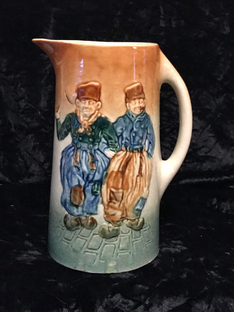 Glazed Stoneware Pitcher Antique Pottery Tankard Jug Featuring 3-D Raised Figures Design image 7
