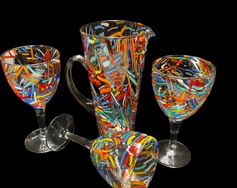 Vintage Blown Confetti Glass Pitcher 9 3/4”with 3 glasses 8” tall Four piece set Ready for Summer Fun