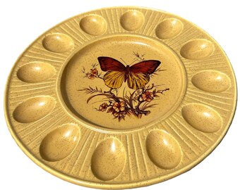 Vintage Danz Deviled Egg Dish Round Earthtone spackle color Egg Serving Butterfly Design by Treasure Craft