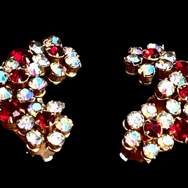 Marked Weiss NY Incredible Red and Clear Flower Designed Aurora Borealis Rhinestones Clip On Earrings Set