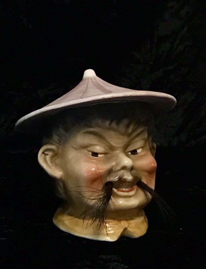 Vintage Chinese Man Head Vase Or Storage Container With Rice Hat Lid And Fu Manchu Mustache Fine Art Ceramics Art Collectibles Efp Osteology Org