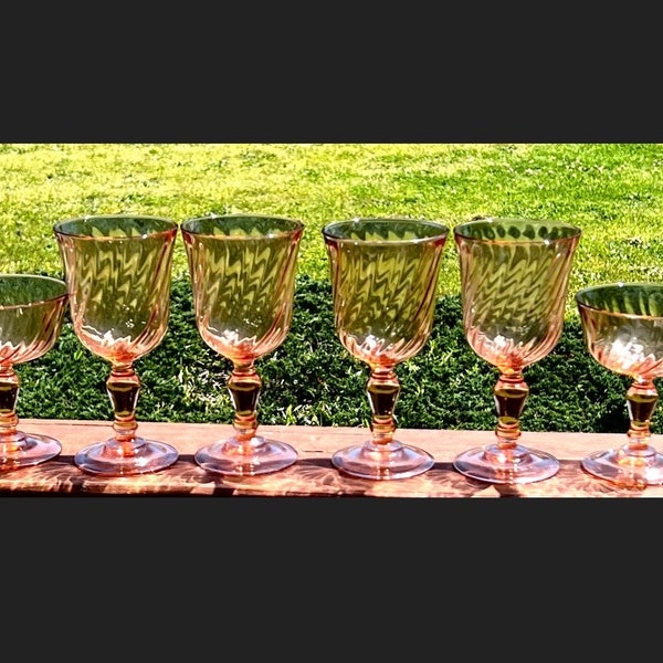 France Pink Swirl Glasses Set of 6 Rosalina all marked France Long Stems Elegant Four water goblets and 2 Champagne Glasses.