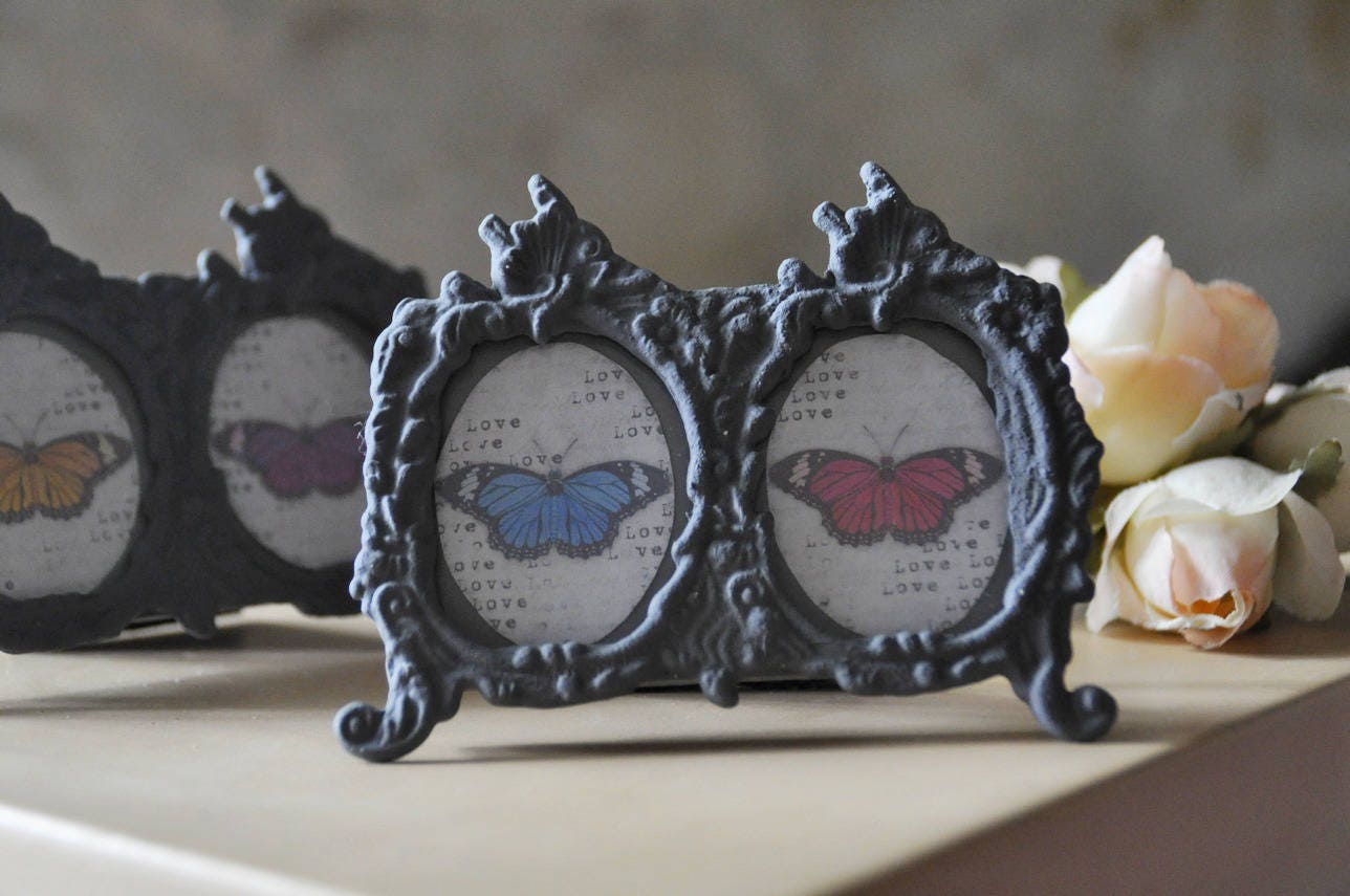 Petit Cadre Photo Double Baroque avec Papillon. Style Rococo. Esprit Campagne, Romantique, Shabby Po