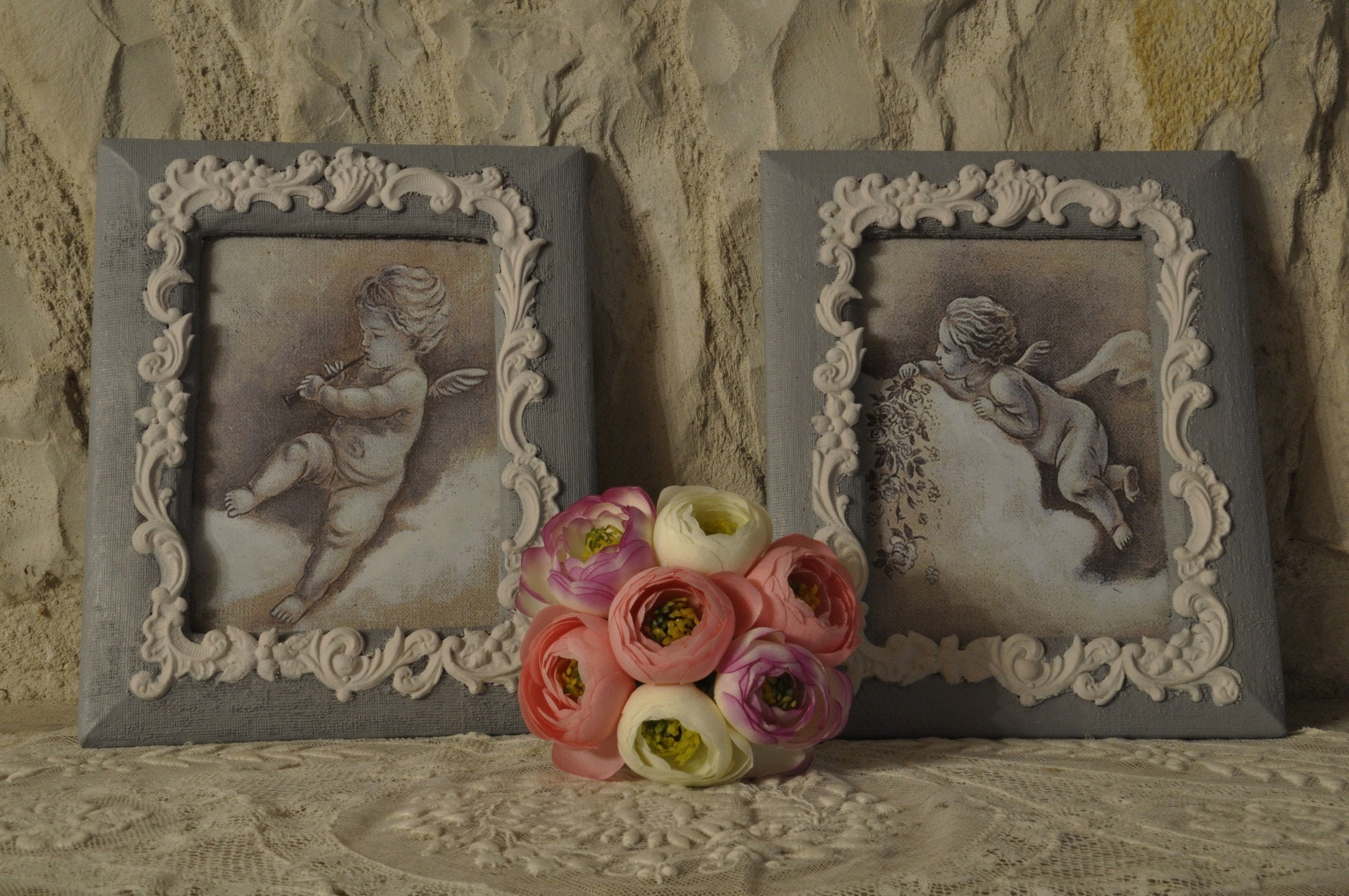 Cadres Gris Aux Angelots Style Shabby Chic Romantique Esprit Campagne ou Chateau Cadeau Pour Photo
