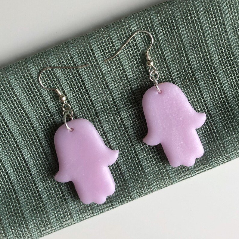 Minimalist jewellery Hamsa Polymer clay Earrings Pink shimmer Hand of Fatima Drop earrings image 1