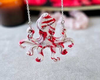 Octopus Necklace Red Silver Octopus Kraken Polymer Clay Jewellery