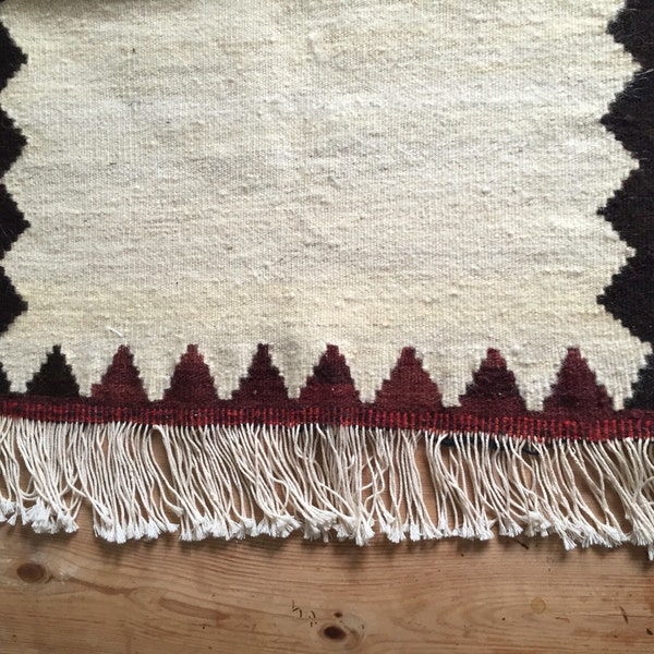 70 % OFF! Vintage Small Woven Rug with Fringes | Large Wool Weaving | Small Fringed Area Rug | Neutrals | Brown / Beige