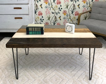 Thick and Heavy Solid Wood Rustic Mix Coffee Table. Metal Hairpin Legs. Modern, Rustic, Boho, Industrial, Farmhouse Style.