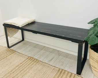 Bedroom Bench, Footboard - Bed Bench, Accent Bench, Entryway Bench, Black Weathered, Heavy Duty Industrial Metal Legs.