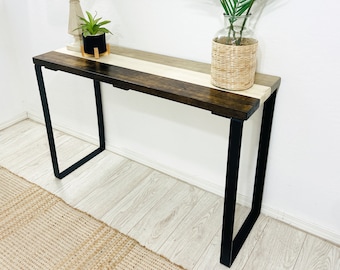 Barn Walls Bedroom Console Table - Accent Table, Rustic Mix, Heavy Duty Industrial Black Metal Legs. Handcrafted.