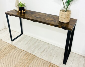 Barn Walls Bedroom Console Table - Accent Table, Dark Brown, Heavy Duty Industrial Black Metal Legs. Handcrafted.