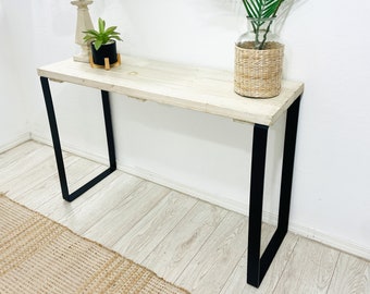 Barn Walls Bedroom Console Table - Accent Table, Antique White, Heavy Duty Industrial Black Metal Legs. Handcrafted.