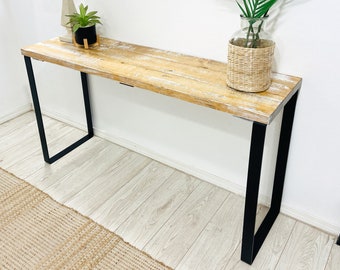 Barn Walls Bedroom Console Table - Accent Table, Boho Whitewash, Heavy Duty Industrial Black Metal Legs. Handcrafted.