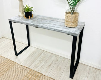 Barn Walls Bedroom Console Table - Accent Table, Graywash, Heavy Duty Industrial Black Metal Legs. Handcrafted.