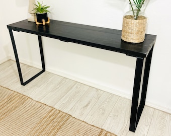 Barn Walls Bedroom Console Table - Accent Table, Black Weathered, Heavy Duty Industrial Black Metal Legs. Handcrafted.