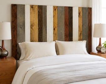 Rustic Mix Wood Headboard, Warm Multi Tonal Wooden Wall Panel Bed Frame, Modern Farmhouse Bedroom Furniture, Floating Wall Mounted Headboard
