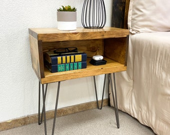 Golden Brown Nightstand / Bedside Table. Handcrafted with Real Wood. Hairpin Legs. Easy Installation. Rustic Décor.