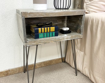 Graywash Nightstand / Bedside Table. Handcrafted with Real Wood. Hairpin Legs. Easy Installation. Farmhouse Décor.