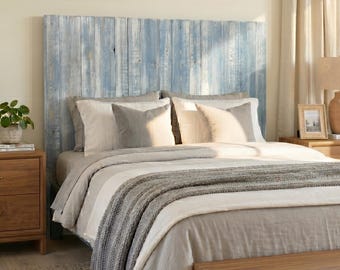 Barn Walls Blue Powderwash Solid Wood Headboard with Smooth Natural Wood Grain, Handcrafted Wall Mounted Panels, Farmhouse Modern Bedroom