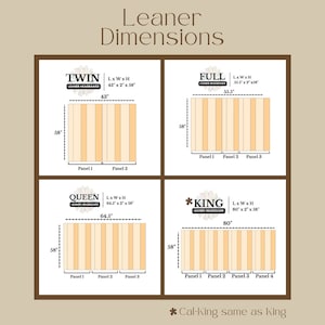 Dimensions infographic of each leaner headboard size. All are 58 inches in height but length varies twin 43, full 55.5, queen 64.5, king and California king 80. The twin size is built with 2 panels, full and queen 3 panels, king and Cal king 4.