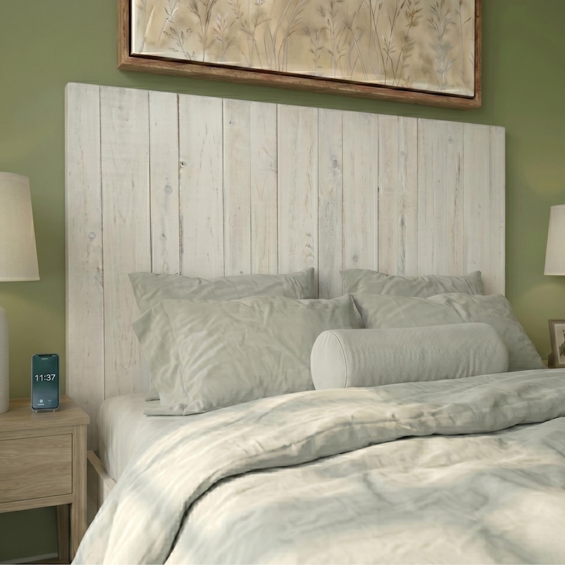 Whitewash Headboard, Coastal Contemporary Style, Vertical Solid Wood Planks image 1