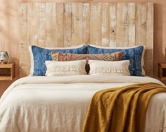 Boho Scandi Wood Headboard Whitewashed Shiplap Wall Panel, Minimalist Neutral Bedroom Decor, Handmade Rustic Headboard for Queen or King Bed