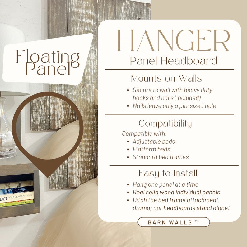 Infographic explaining hanger style panel headboard which secures to the wall with heavy duty hooks and nails. When the nails are remove it only leaves a pin-sized hole. It is compatible with adjustable beds, platform beds and standar bed frames.